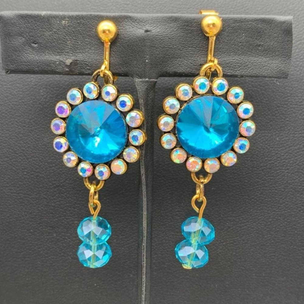 Blue and gold tone clip on earrings with blue central Rivoli Rhinestone